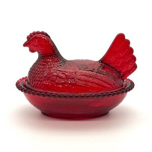 Cranberry Red Glass Hen on Nest Covered Candy Dish 4.5 Inch